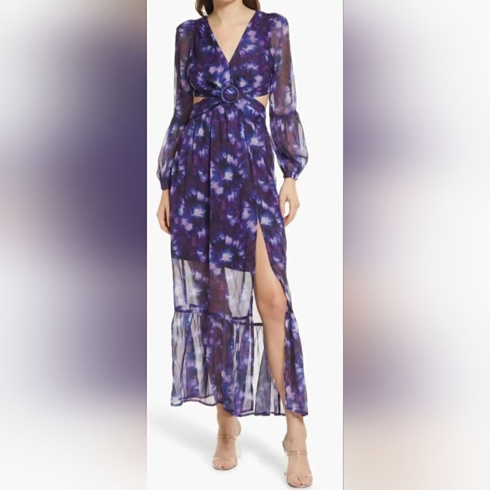 RAHI Leila Long Sleeve Cross Front Cutout Midi Dress NWOT size XL purple tie-dye